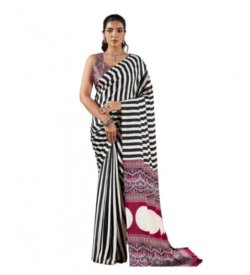 Women's Satin Crepe Printed Saree With Unstitched Blouse 5.5Mtr (Black)