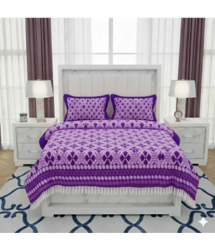 Fleece Geometric Double Polar Warm Bedsheet with 2 Pillow Cover (Purple)