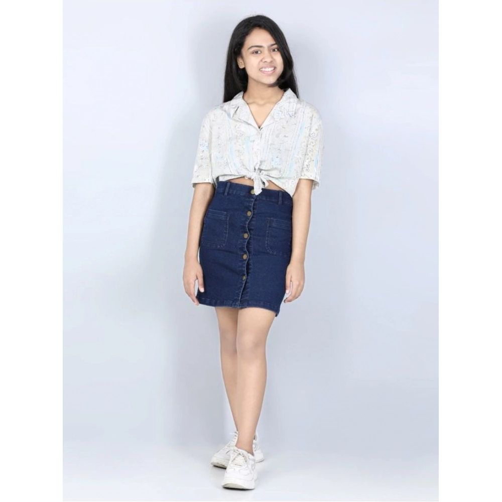 Girl's Denim Solid Buttoned Skirt (Navy Blue) Girl's Denim Solid Buttoned Skirt (Navy Blue)