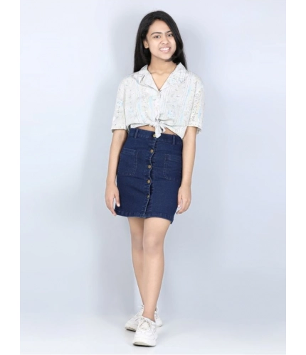 Girl's Denim Solid Buttoned Skirt (Navy Blue)