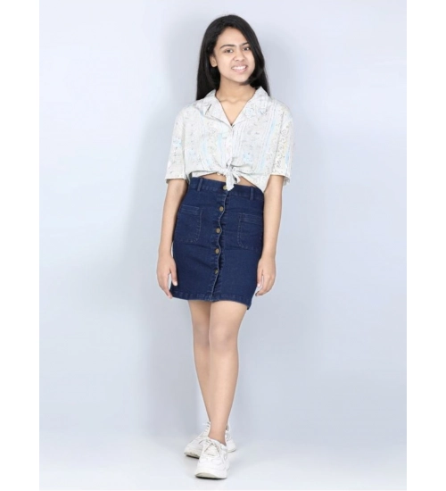 Girl's Denim Solid Buttoned Skirt (Navy Blue)