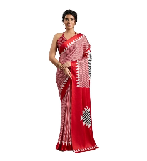 Women's Satin Crepe Printed Saree With Unstitched Blouse 5.5Mtr (Red)