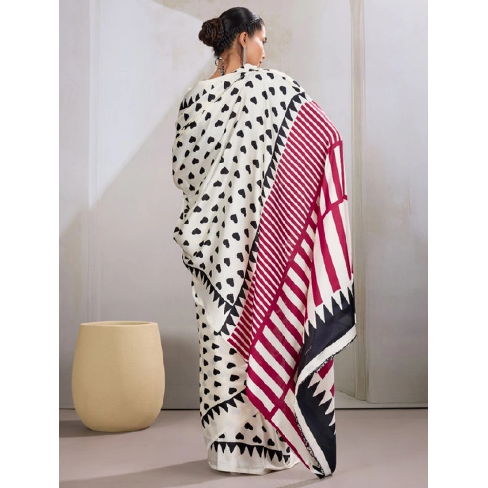 Women's Satin Crepe Printed Saree With Unstitched Blouse 5.5Mtr (White)