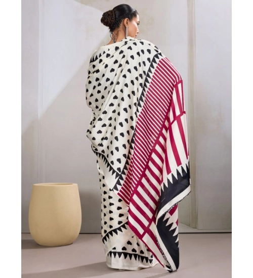 Women's Satin Crepe Printed Saree With Unstitched Blouse 5.5Mtr (White)