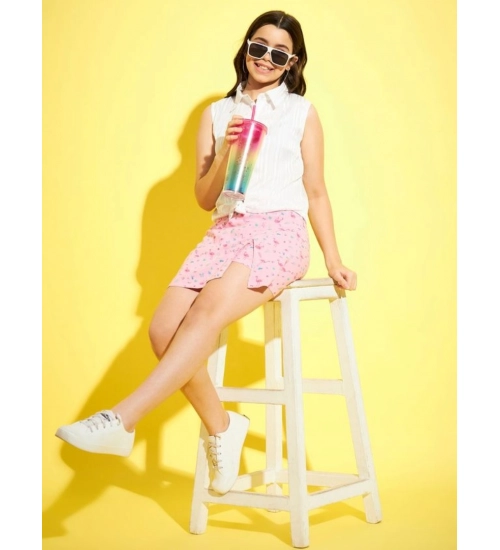 Girl's Polyester Lurex Printed Sleeveless Top Set (Pink-White)