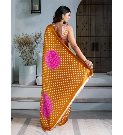 Women's Satin Crepe Printed Saree With Unstitched Blouse 5.5Mtr (Mustard)