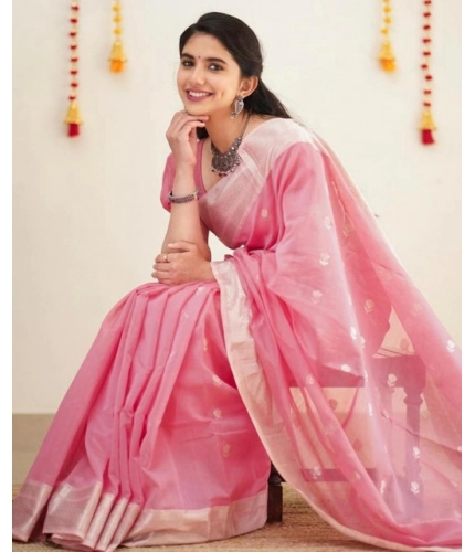 Women's Soft Lichi Silk Printed Saree With Unstitched Blouse 5.5Mtr (Pink)