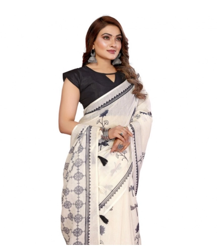 Women's Linen Cotton Printed Saree With Unstitched Blouse 5.5Mtr (Off White)
