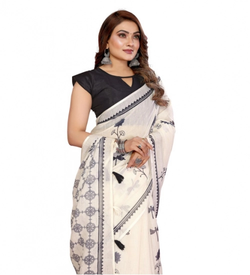 Women's Linen Cotton Printed Saree With Unstitched Blouse 5.5Mtr (Off White)