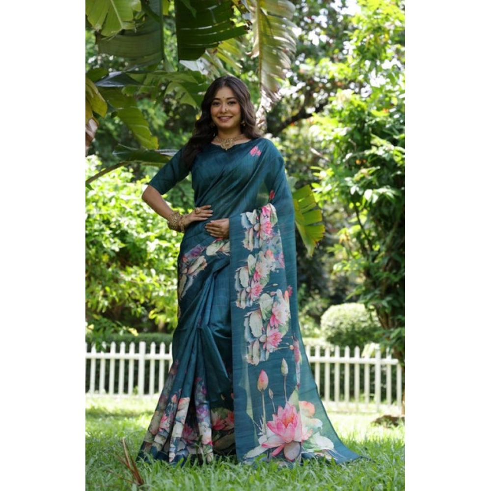 Women's Faux_Tussar Floral Saree With Unstitched Blouse 5.5Mtr (Teal) Women's Faux_Tussar Floral Saree With Unstitched Blouse 5.5Mtr (Teal)