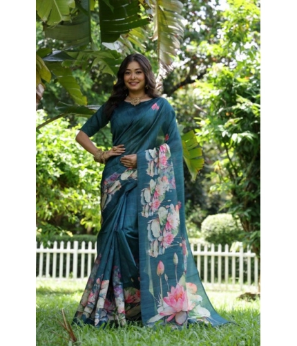 Women's Faux_Tussar Floral Saree With Unstitched Blouse 5.5Mtr (Teal)