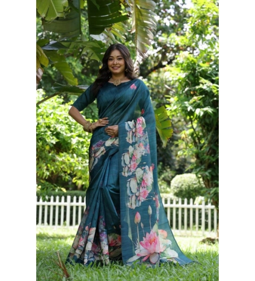 Women's Faux_Tussar Floral Saree With Unstitched Blouse 5.5Mtr (Teal)