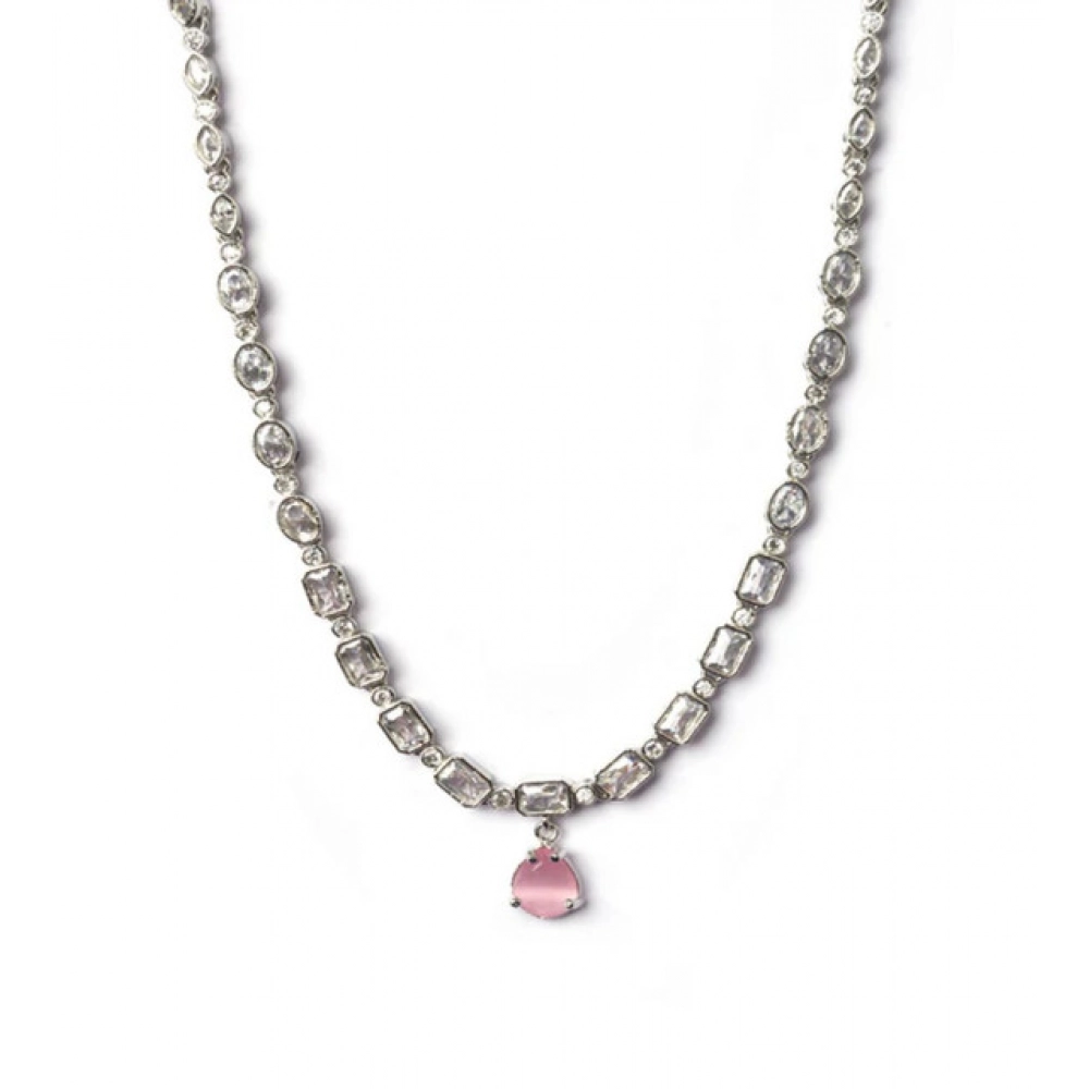 Women's Brass Silver Plated Necklace set (Pink)