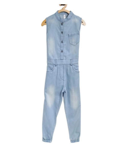 Girl's Denim Embellished Sleeveless Jumpsuit (Blue)