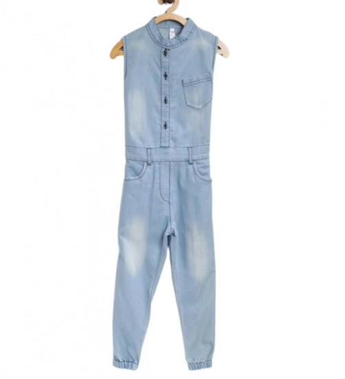 Girl's Denim Embellished Sleeveless Jumpsuit (Blue)