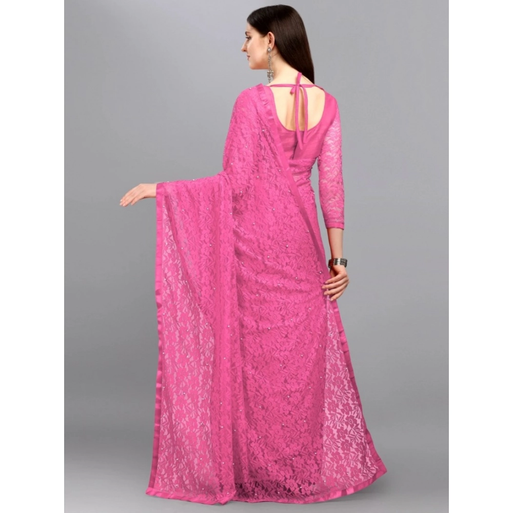 Women's Net Self Design Saree With Unstitched Blouse 5.5Mtr (Dark Pink)