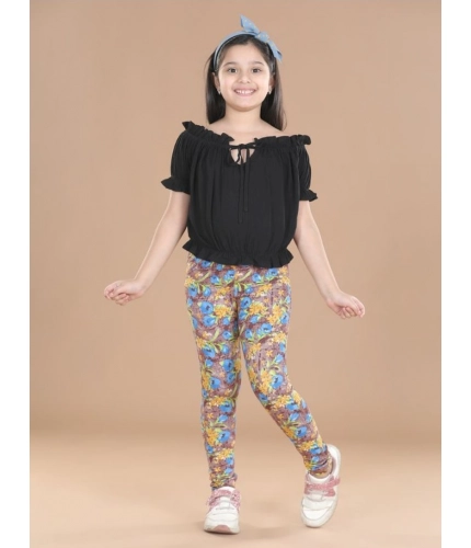 Girl's Cotton Lycra Floral Elasticated Jeggings (Multicolor)
