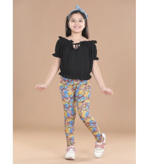 Girl's Cotton Lycra Floral Elasticated Jeggings (Multicolor)