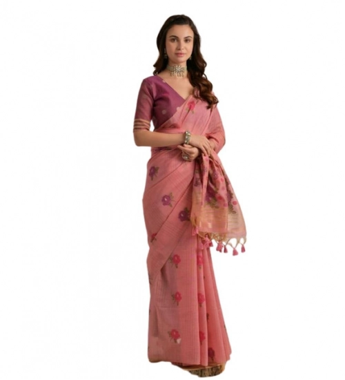 Women's Blended_Cotton Floral Motifs And Woven Buttas Saree With Unstitched Blouse 5.5Mtr (Pink)