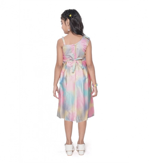Girl's Satin Soild Sleeve Less Designer Neck Dress (Multicolor)