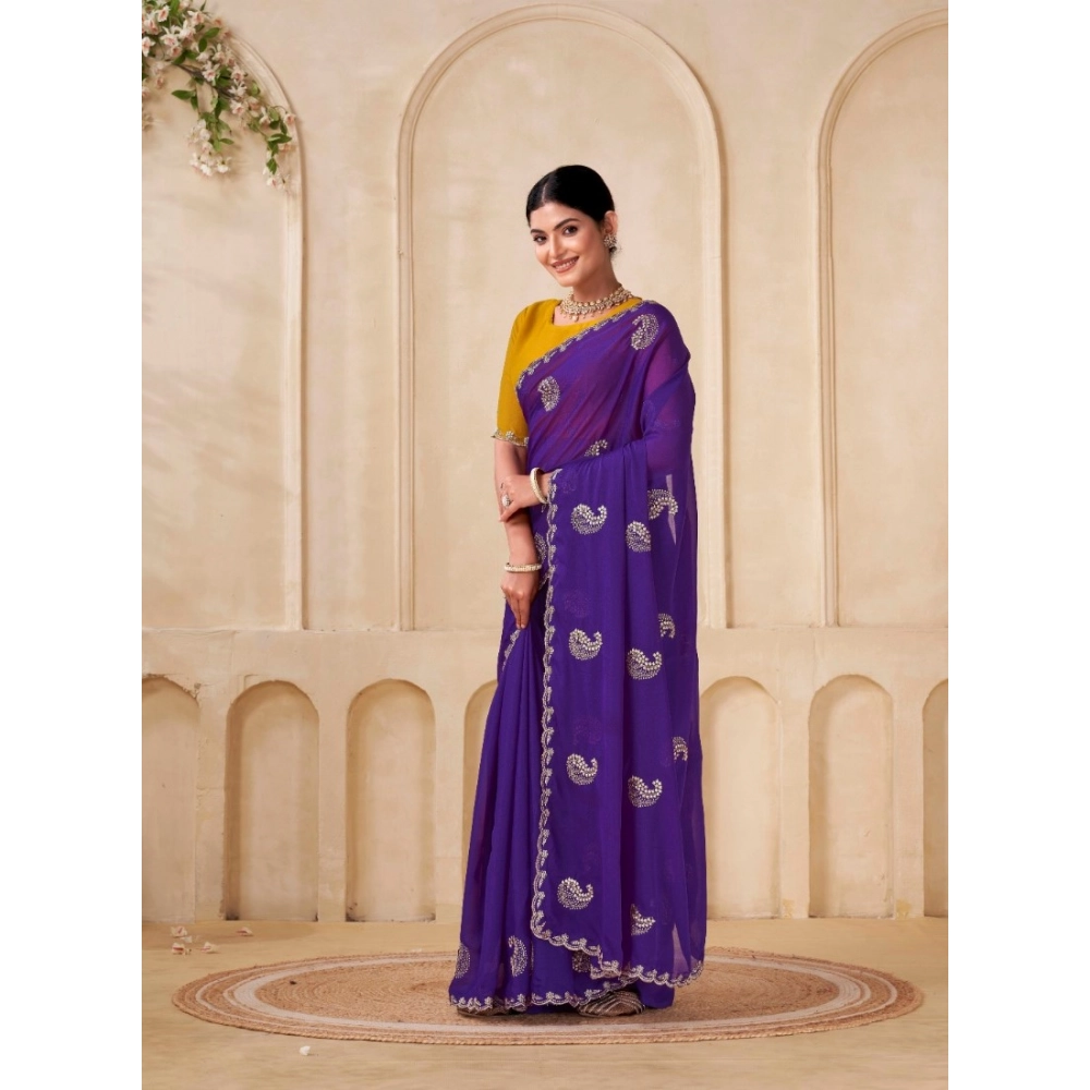 Women's Digital Printed  Georgette Saree With Unstitched Blouse (Purple, 5-6 Mtrs)