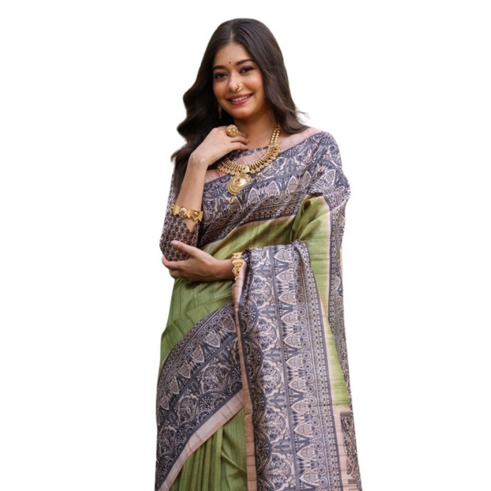 Women's Faux_Tussar Ethnic_Print Saree With Unstitched Blouse 5.5Mtr (Olive) Women's Faux_Tussar Ethnic_Print Saree With Unstitched Blouse 5.5Mtr (Olive)