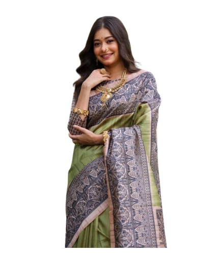Women's Faux_Tussar Ethnic_Print Saree With Unstitched Blouse 5.5Mtr (Olive)