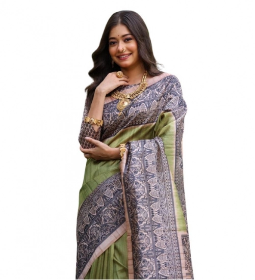 Women's Faux_Tussar Ethnic_Print Saree With Unstitched Blouse 5.5Mtr (Olive)