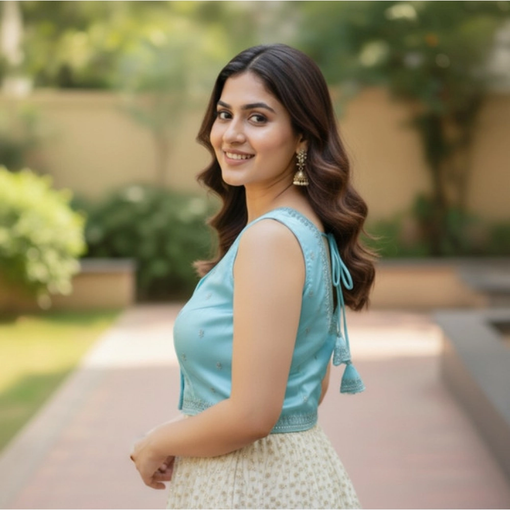 Women's Zimmi Choo Sequin Work V-Neck Padded Blouse (Sky Blue 38 Ready (Self Alterable 36–40)