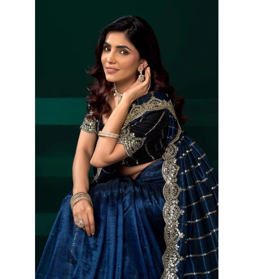 Women's Net Sequence Saree With Unstitched Blouse 5.5Mtr (Blue)