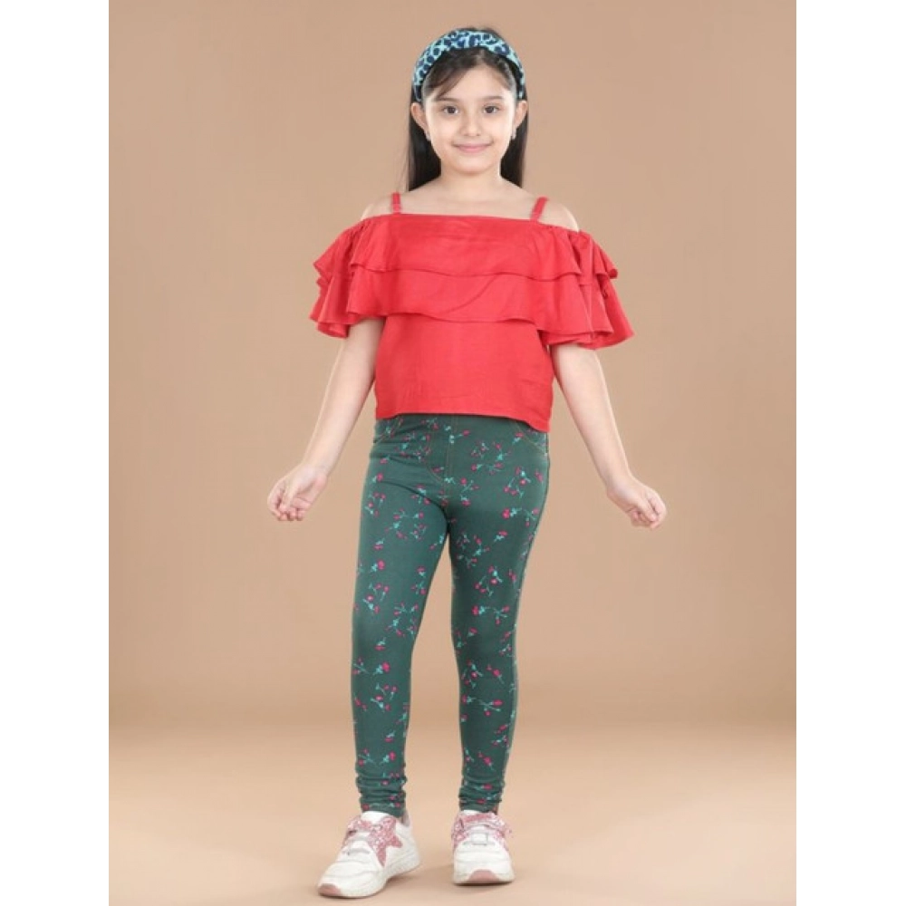 Girl's Cotton Lycra Floral Elasticated Jeggings (Bottle Green) Girl's Cotton Lycra Floral Elasticated Jeggings (Bottle Green)