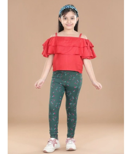 Girl's Cotton Lycra Floral Elasticated Jeggings (Bottle Green)
