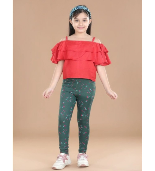 Girl's Cotton Lycra Floral Elasticated Jeggings (Bottle Green)