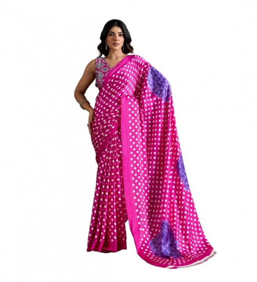 Women's Satin Crepe Printed Saree With Unstitched Blouse 5.5Mtr (Pink)
