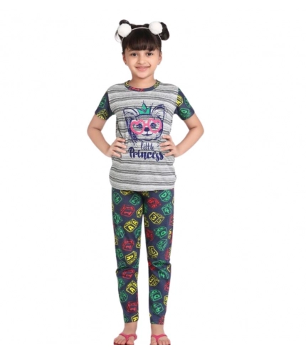 Girl's Cotton Hosiery Printed Night Suit Set (Grey-Green)
