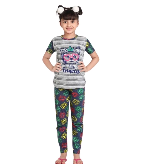 Girl's Cotton Hosiery Printed Night Suit Set (Grey-Green)