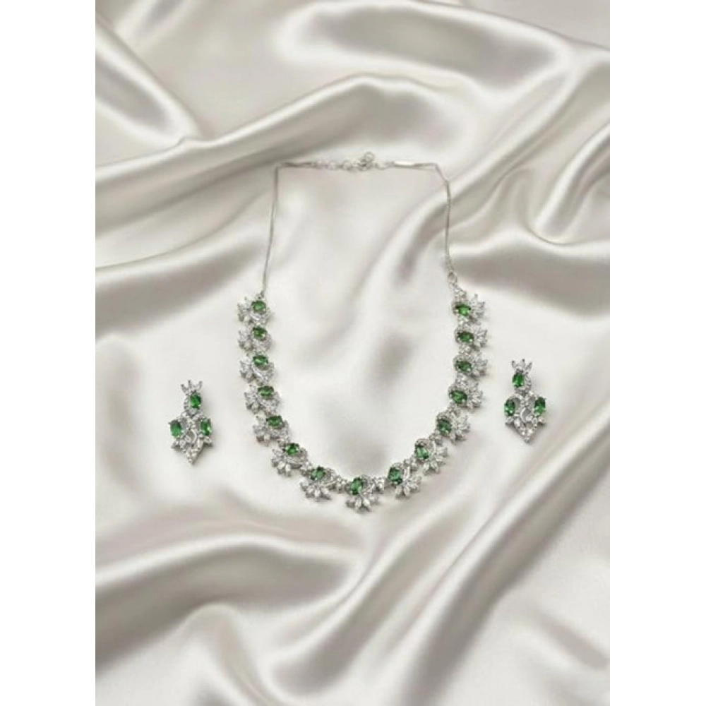 Women's Brass Silver Plated Necklace set (Green)