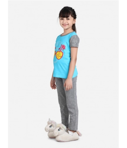 Girl's Cotton Hosiery Printed Night Suit Set (Blue-Grey)