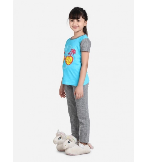 Girl's Cotton Hosiery Printed Night Suit Set (Blue-Grey)