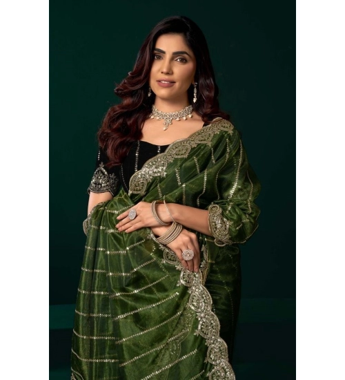 Women's Net Sequence Saree With Unstitched Blouse 5.5Mtr (Green)