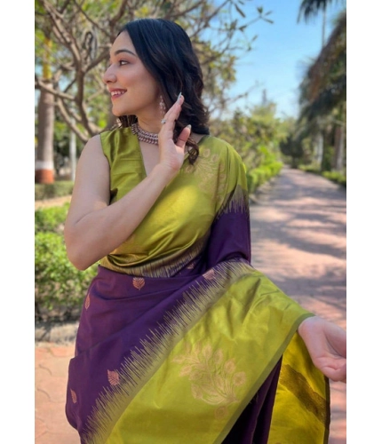 Women's Soft Lichi Silk Printed Saree With Unstitched Blouse 5.5Mtr (Purple)