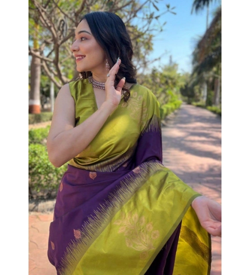 Women's Soft Lichi Silk Printed Saree With Unstitched Blouse 5.5Mtr (Purple)