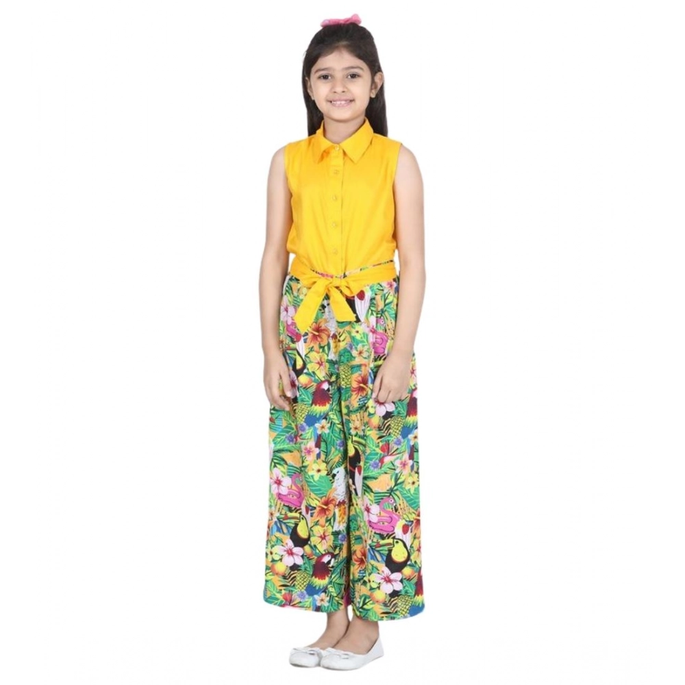 Girl's Rayon Flamingo Print Sleeveless Jumpsuit (Yellow-Multicolor)