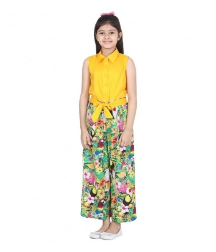 Girl's Rayon Flamingo Print Sleeveless Jumpsuit (Yellow-Multicolor)