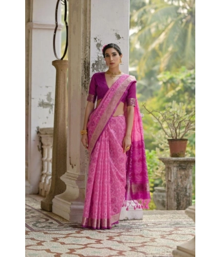 Women's Silk_Blend Ethnic Ikat Pattern Saree With Unstitched Blouse 5.5Mtr (Pink)