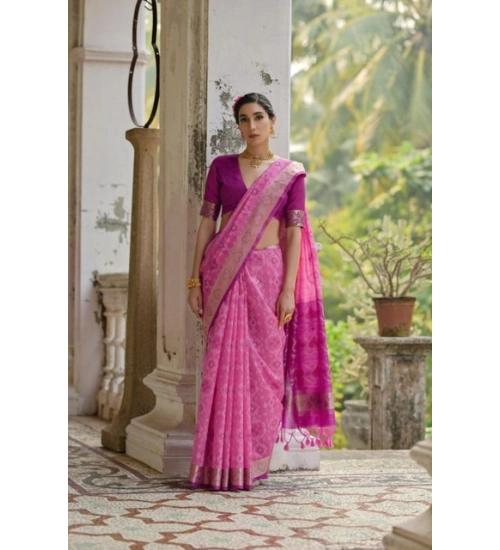 Women's Silk_Blend Ethnic Ikat Pattern Saree With Unstitched Blouse 5.5Mtr (Pink)