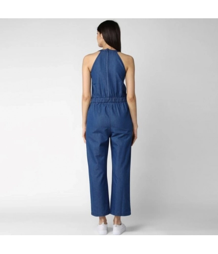 Women's Denim Solid Sleeveless Jumpsuit (Blue)