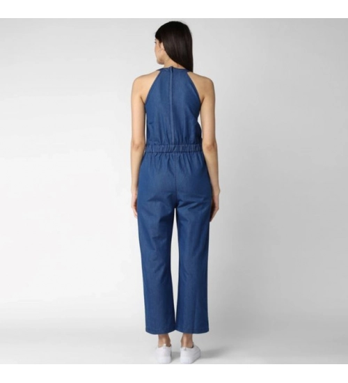 Women's Denim Solid Sleeveless Jumpsuit (Blue)