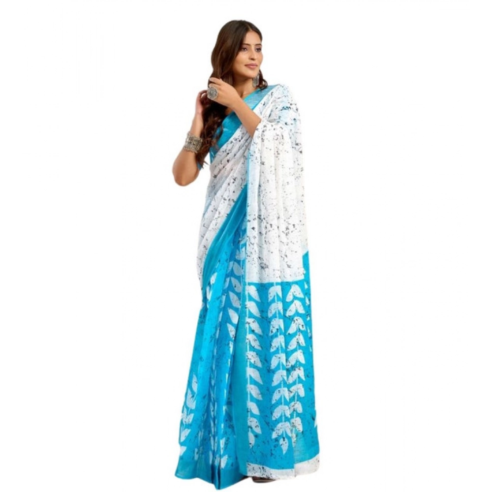 Women's Faux Linen Leaf Print Ready to wear Saree With Unstitched Blouse 5.5Mtr (SkyBlue & White) Women's Faux Linen Leaf Print Ready to wear Saree With Unstitched Blouse 5.5Mtr (SkyBlue & White)