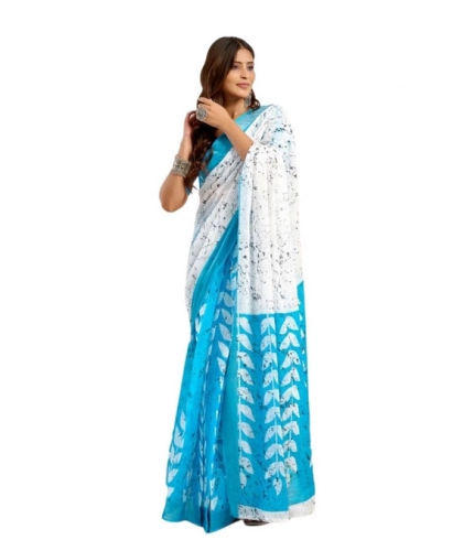 Women's Faux Linen Leaf Print Ready to wear Saree With Unstitched Blouse 5.5Mtr (SkyBlue & White) Women's Faux Linen Leaf Print Ready to wear Saree With Unstitched Blouse 5.5Mtr (SkyBlue & White)